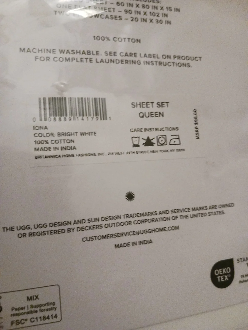 UGG White Queen Sheet Set 100% Cotton